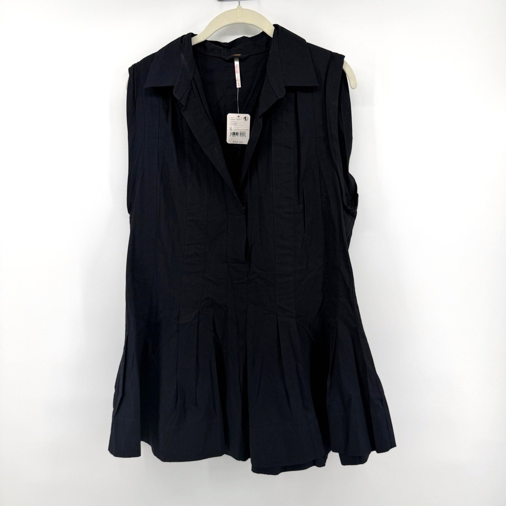 Free People Naomi Pleated Mini Dress Small‎ Black Womens Sleeveless Cotton Boho